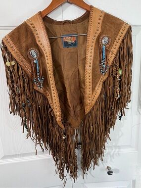 Vintage authentic Cripple Creek Shawl Vest Leather Fringe Hand Beaded Studded